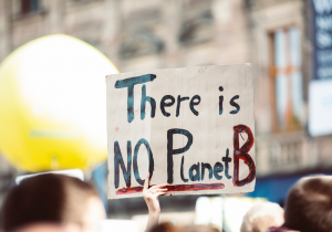 A sign at a climate change protest reads, "There is No Planet B"