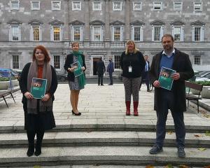 Neasa Hourigan TD, Senators Pauline OReilly and Roisin Garvey, and Marc Ó Cathasaigh TD launch the Green Party's position paper on a well being economy.jpg 