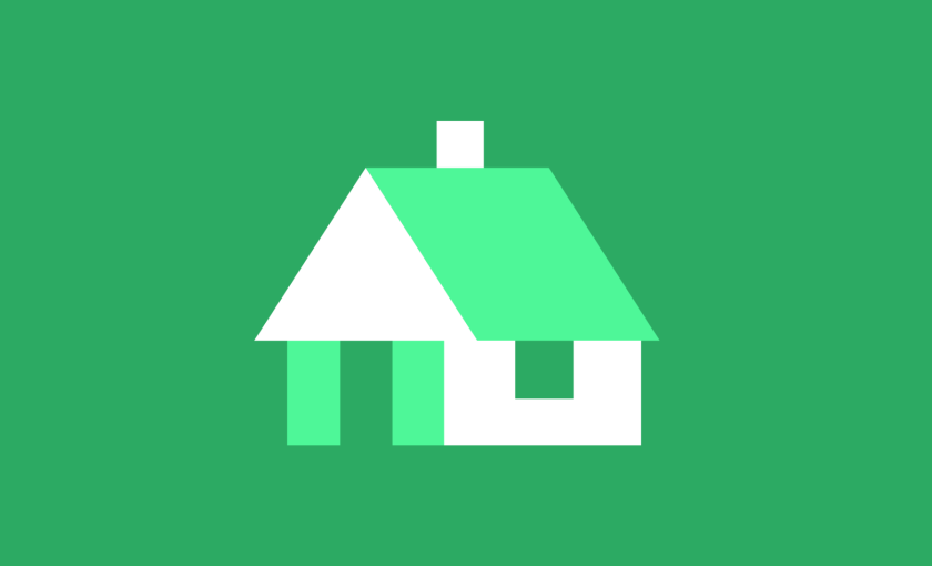 A solid green image with a white and lighter green house illustration overlaid