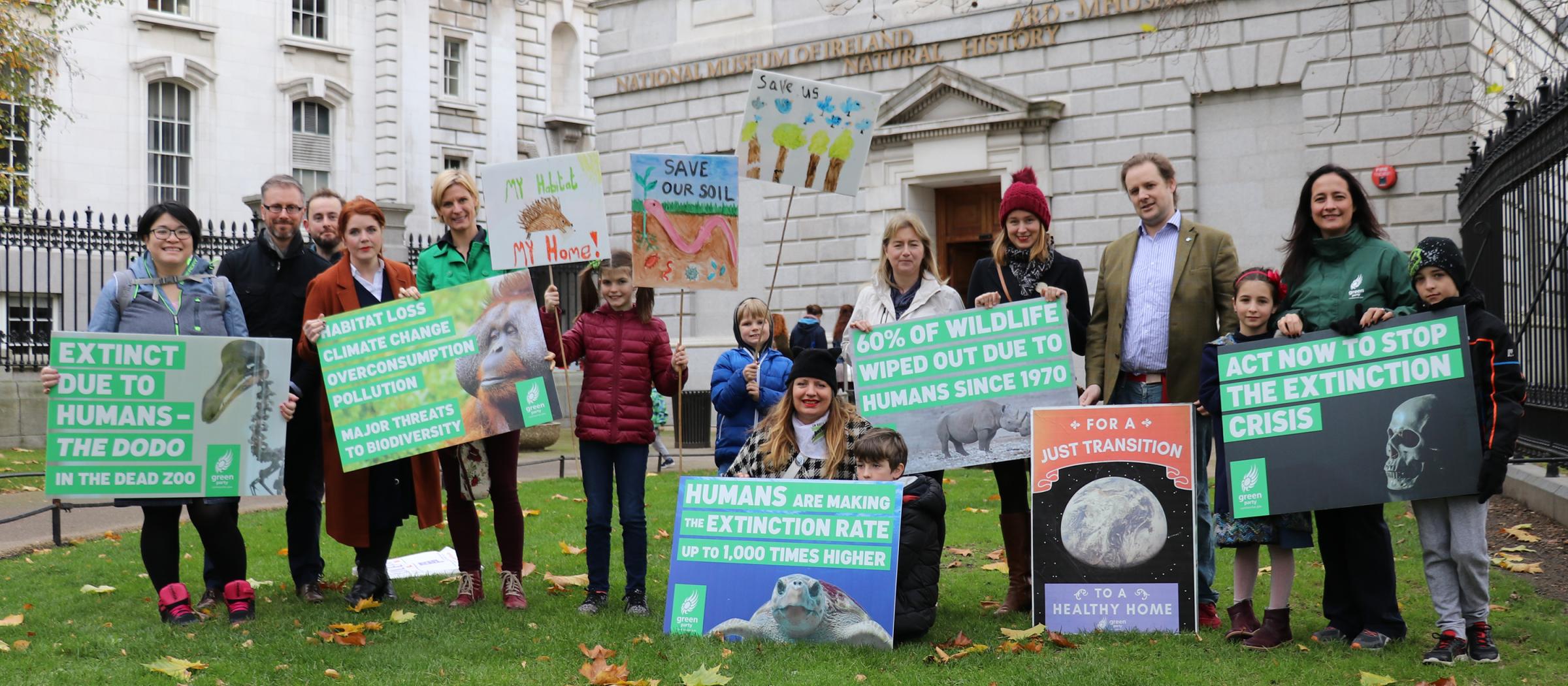 Green Party representatives gather at the Natural History Museum in Dublin to call for climate action