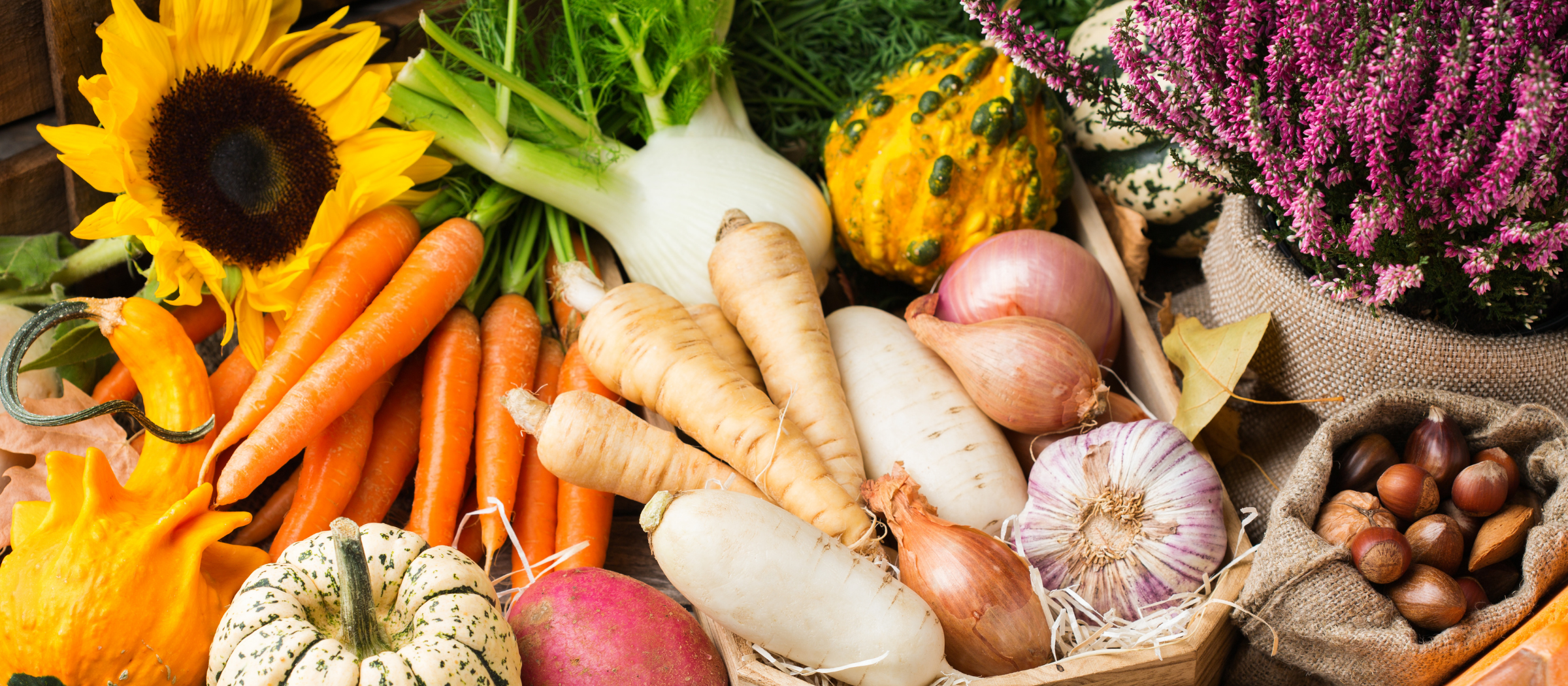 A collection of vegetable and flowers on a table.