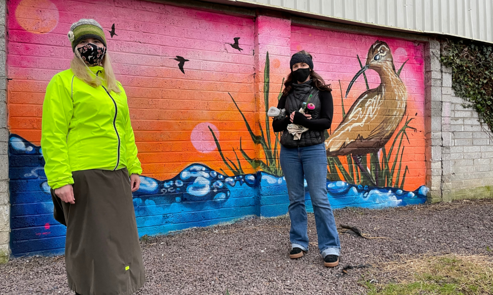 Artist Ciara McKenna and Green Party LEA Rep Anne-Marie Fuller with a mural of a Curlew at Tralee–Fenit Greenway, County Kerry.