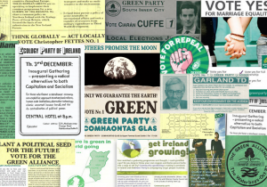 A collage of election material from the Green Party over the past 40 years 