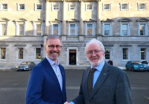 Roderic O'Gorman congratulates newly elected Senator Malcolm Noonan outside Leinster House