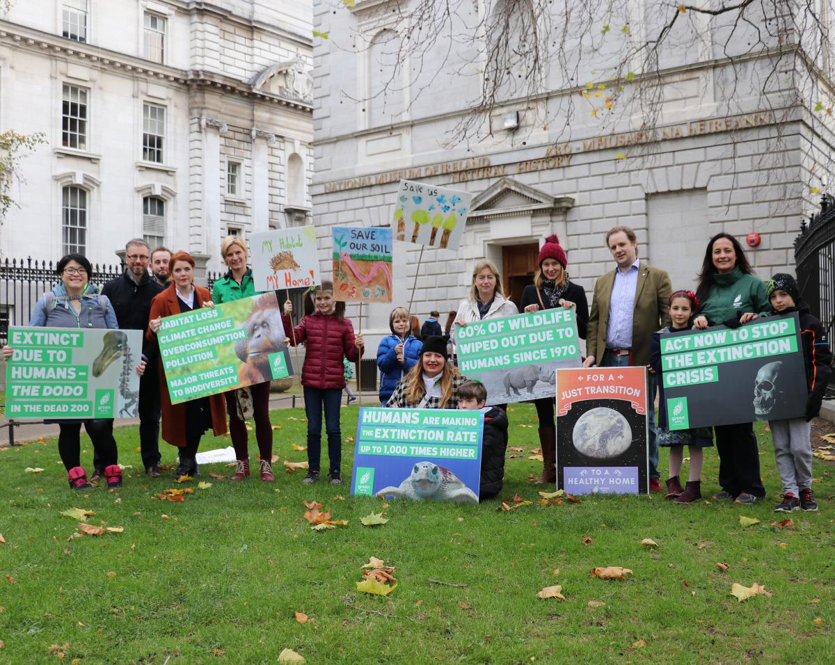 Green Party representatives gather at the Natural History Museum in Dublin to call for climate action