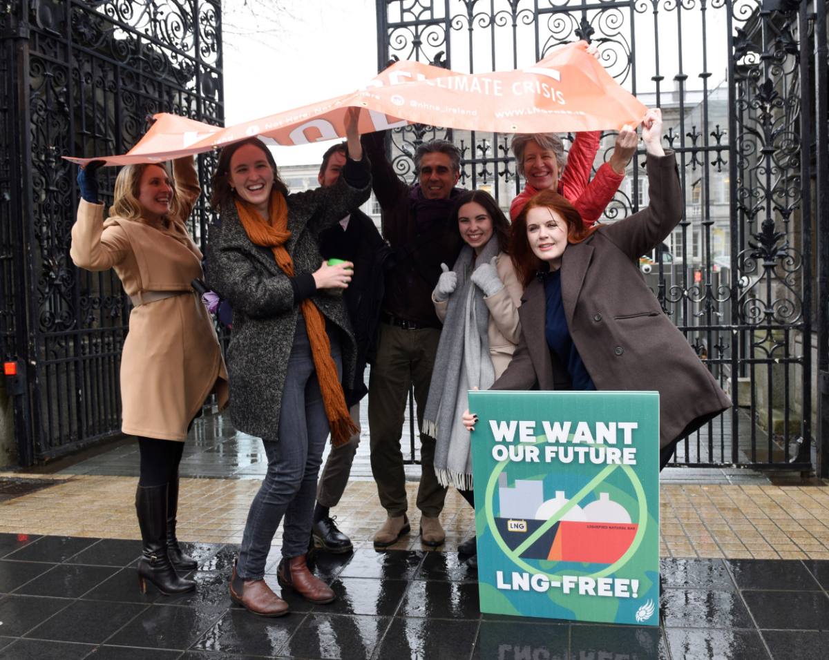 Neasa Hourigan TD with Not Here Not Anywhere group outside the Dáil.